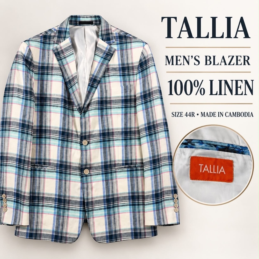 Tallia Sport Coat Mens 44R Multicolor Plaid 100% Linen Two Button Blazer Jacket